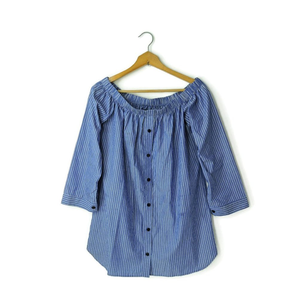 Reformation Blue White Pinstripe Off- the -Shoulder peasant blouse top XS